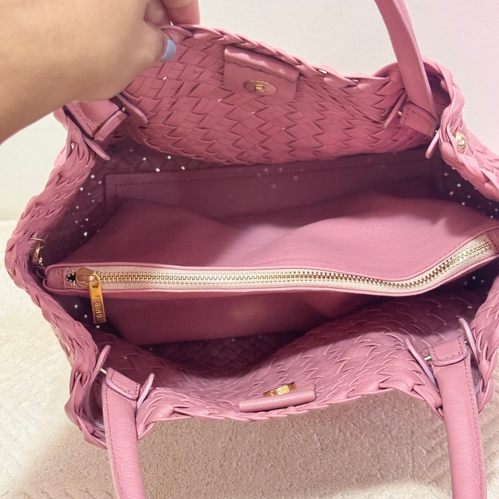 Ghibli Pink Genuine Leather Woven Tote Handbag Removable Pouch Gold Hardware - Picture 10 of 13